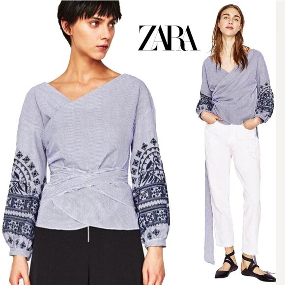 Zara Boho Striped Wrap Top Embroidered Bishop Sleeve Artsy Eclectic Size M - Picture 1 of 16